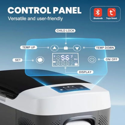 Portable car refrigerator for vehicle use, aluminum alloy body, black color, -4-68 smart Bluetooth control with battery protect