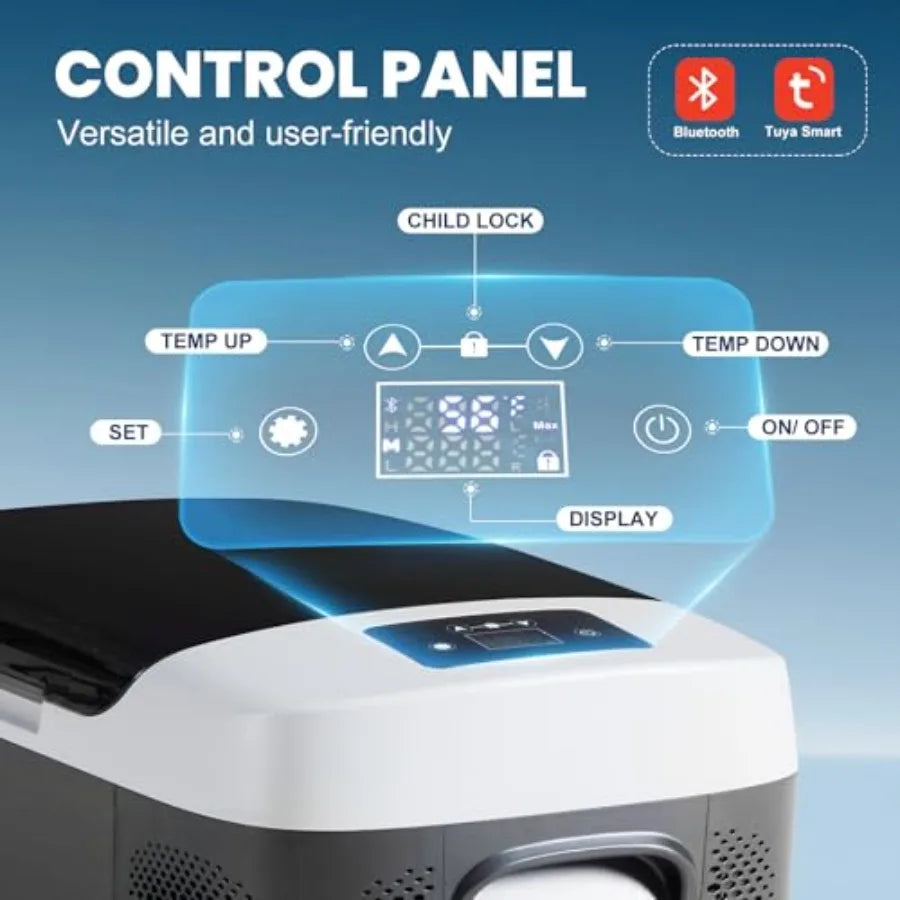 Portable car refrigerator for vehicle use, aluminum alloy body, black color, -4-68 smart Bluetooth control with battery protect