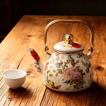 This Elegant Enamel Floral Pattern Kettle With A Gold Handle Is A Perfect Outdoor Kettle For Brewing Tea By The Fireplace. Made