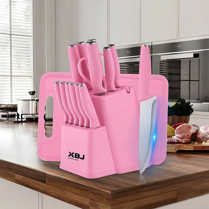 15 Pcs Stainless Steel Kitchen Knife Set with Block & Cutting Board, Ultra Sharp Chef Knives for Home Cooking