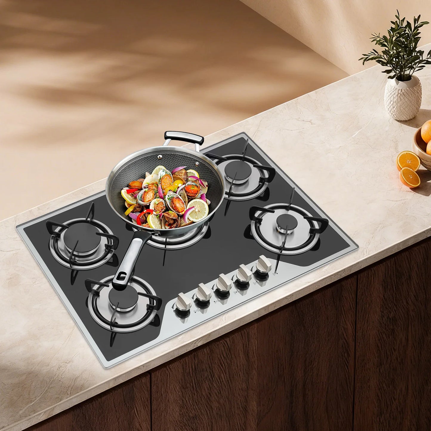5 Burner Gas Hob Stainless Steel, LPG/NG Convertible Cooktop With 5 Individual Burners, Natural Gas Cooktop With Cast Iron Grates for Kitchen