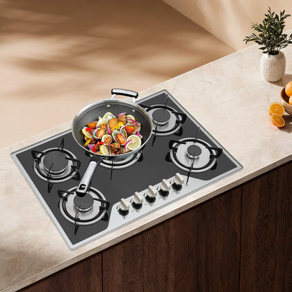 5 Burner Gas Hob Stainless Steel, LPG/NG Convertible Cooktop With 5 Individual Burners, Natural Gas Cooktop With Cast Iron Grates for Kitchen