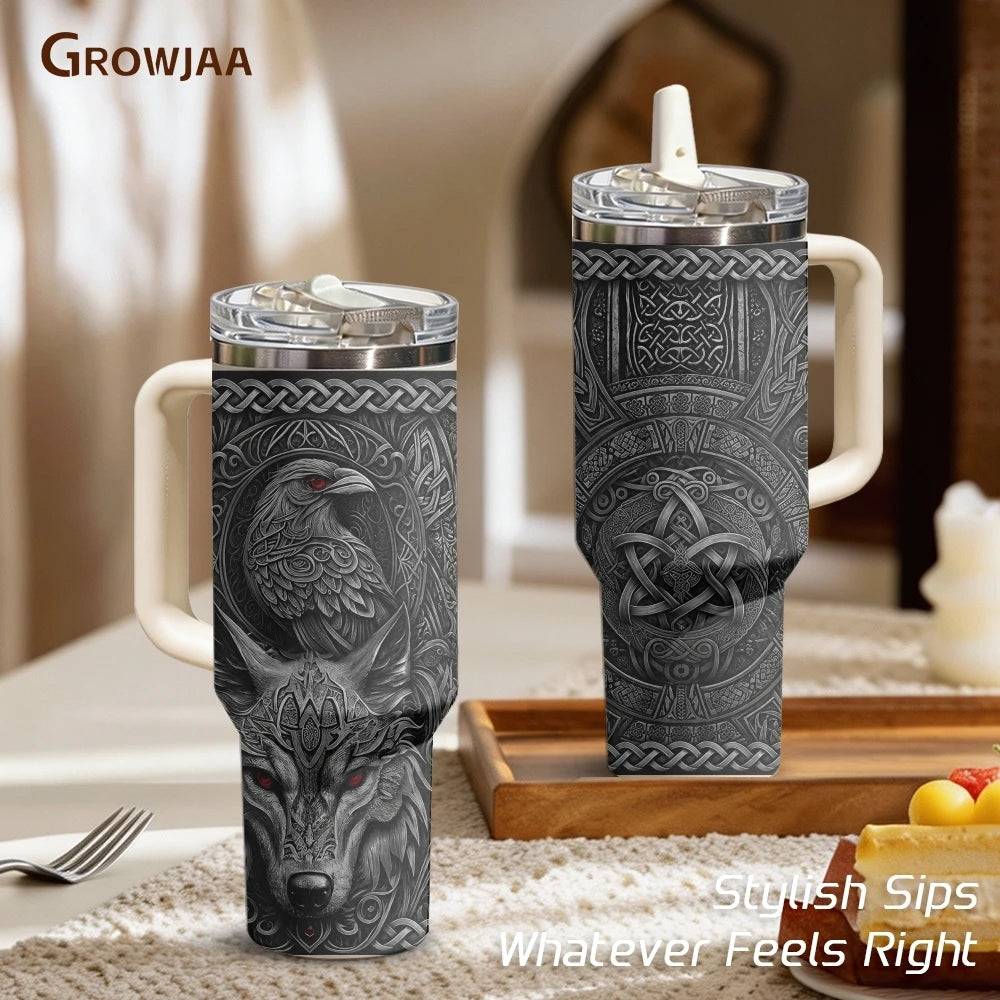 Norse Wolf Raven Celtic Prints Vacuum Flasks 40oz 3rd Gen Vacuum Insulated Stainless Steel Tumbler Cup With Handle Straw Lid