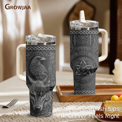 Norse Wolf Raven Celtic Prints Vacuum Flasks 40oz 3rd Gen Vacuum Insulated Stainless Steel Tumbler Cup With Handle Straw Lid