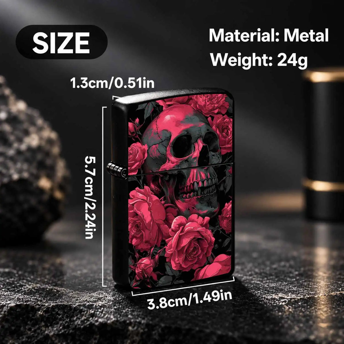 Vibrant Rose Red Skull Rose Pattern Lighter, Punk Aesthetic Solid Durable Housing PORTABLE Lighter for Outdoor Camping Daily Use, Creative Exquisite Practical Gift for Smokers Friends Halloween Gothic A Fun and Humorous Light