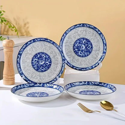 6pcs Elegant Blue And White Ceramic Dinnerware Set, Large Round Plates with Floral Design, Microwave And Dishwasher Safe, Suitab