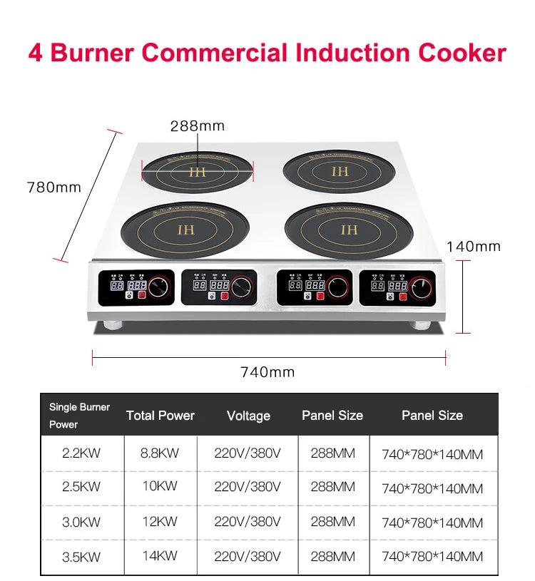 Warranty CE 3500W Industrial Hotel Restaurant Stainless Steel Electric 4 Burner Commercial Induction Cooker Manufacturer