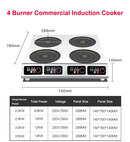 Warranty CE 3500W Industrial Hotel Restaurant Stainless Steel Electric 4 Burner Commercial Induction Cooker Manufacturer