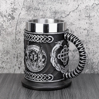 Norse Mythology Odin Thor Mug Tankard 304 Stainless Steel Resin 3D Retro Beer Stein Birthday God of War Lover Gift 600ml 20 oz