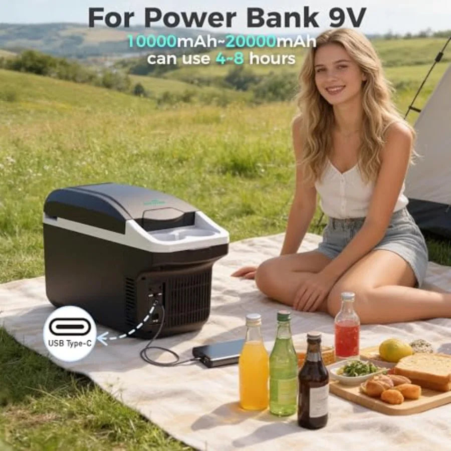 Electric Cooler with Type-C, 8 Liter/11 Cans Mini Fridge with Belt, 9V Type-C Thermoelectric Dual-use Car Refrigerator, Car Fri