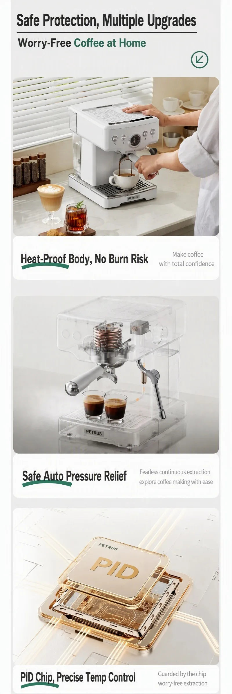 Petrus PE3833Pro Semi-Automatic Espresso Machine 15Bar 58mm Saturated Group Head PID Touch Screen Coffee Maker Compact