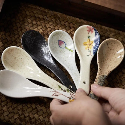 Japanese-style Ceramic Mixing Spoons Stir Soup Spoons Kitchen Utensil Tableware Cutlery Adults Kids Dinnerware