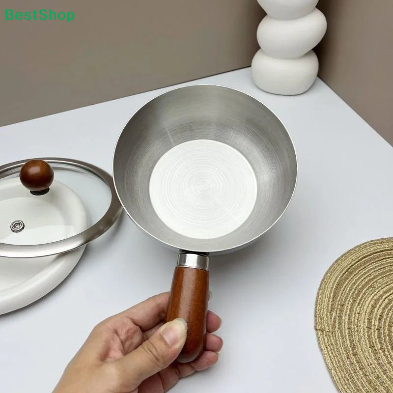 ♥Stainless Steel Saucepan with Wooden Handle - Single-Size Cookware for Boiling/Sauces, Induction & Gas Stove Compatible Pan