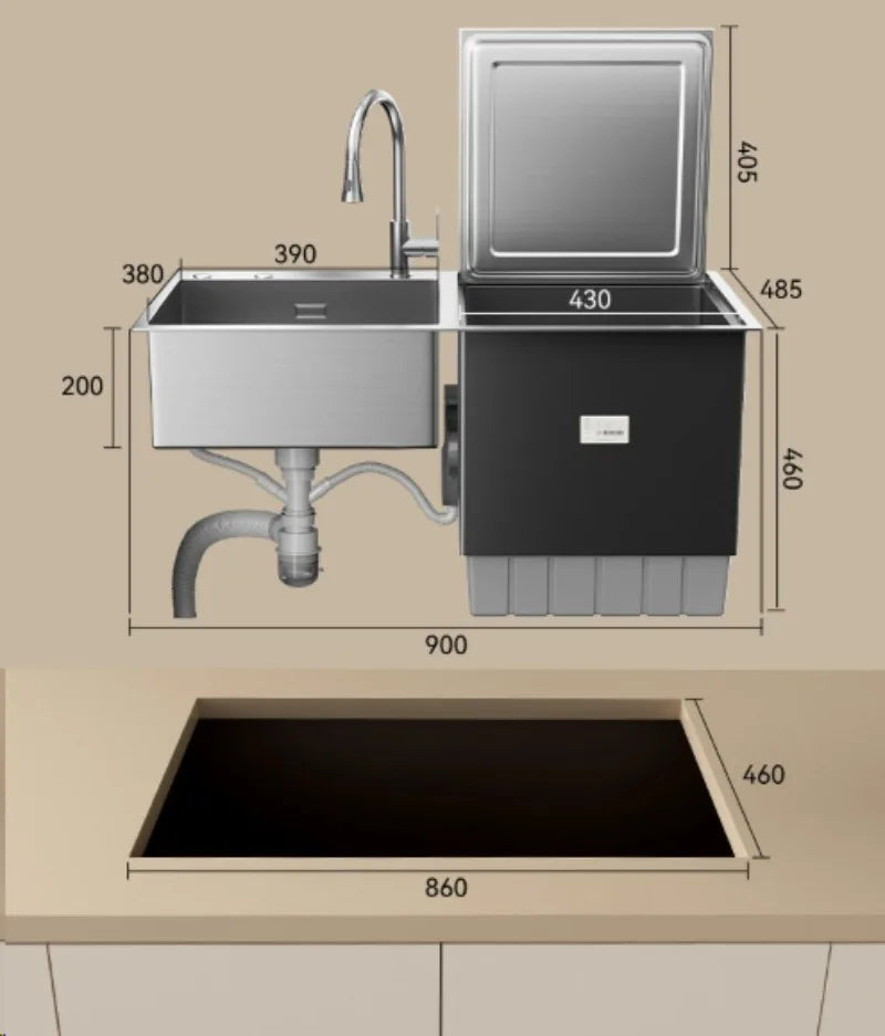 Integrated Sink Dishwasher Built in Disinfection Cabinet Large Capacity Fully Automatic Home Ultrasonic Cleaning EU US UK Plug