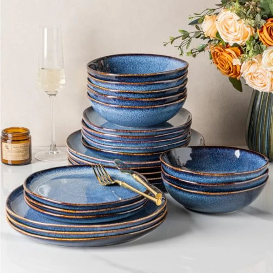 Stoneware Dinnerware Sets for 4 12 Pieces Rustic Ceramic Plates and Bowls Set Handmade Reactive Glaze Plate Sets Highly Chip Re