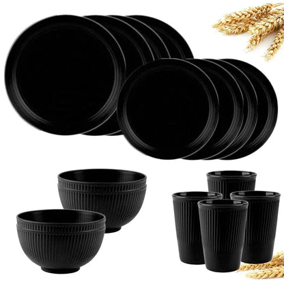 4/16Pcs Grey Straw Cutlery Set Dishes Bowls Disk Water Cup Tableware Plastic Unbreakable Polypropylene Kitchen Dinnerware