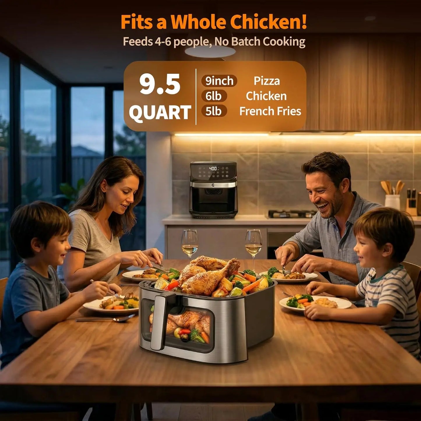 9.5Qt Large Air Fryer Oven, 12 Digital Presets, Non Toxic Stainless Steel, Viewing Window, XL Basket for Family