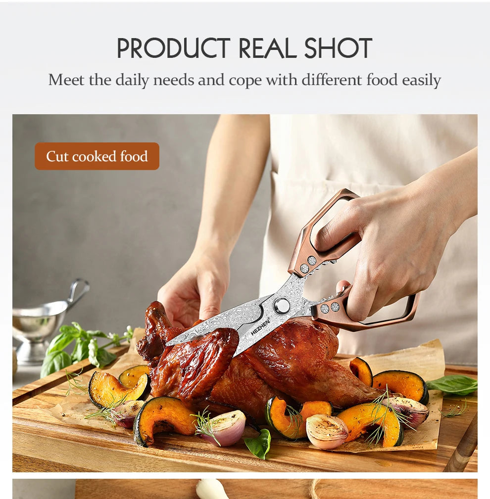 HEZHEN 110 Layers Damascus Steel Kitchen Scissors Walnut Powerful Multifunctional Crack Walnuts Open Beer Bottle