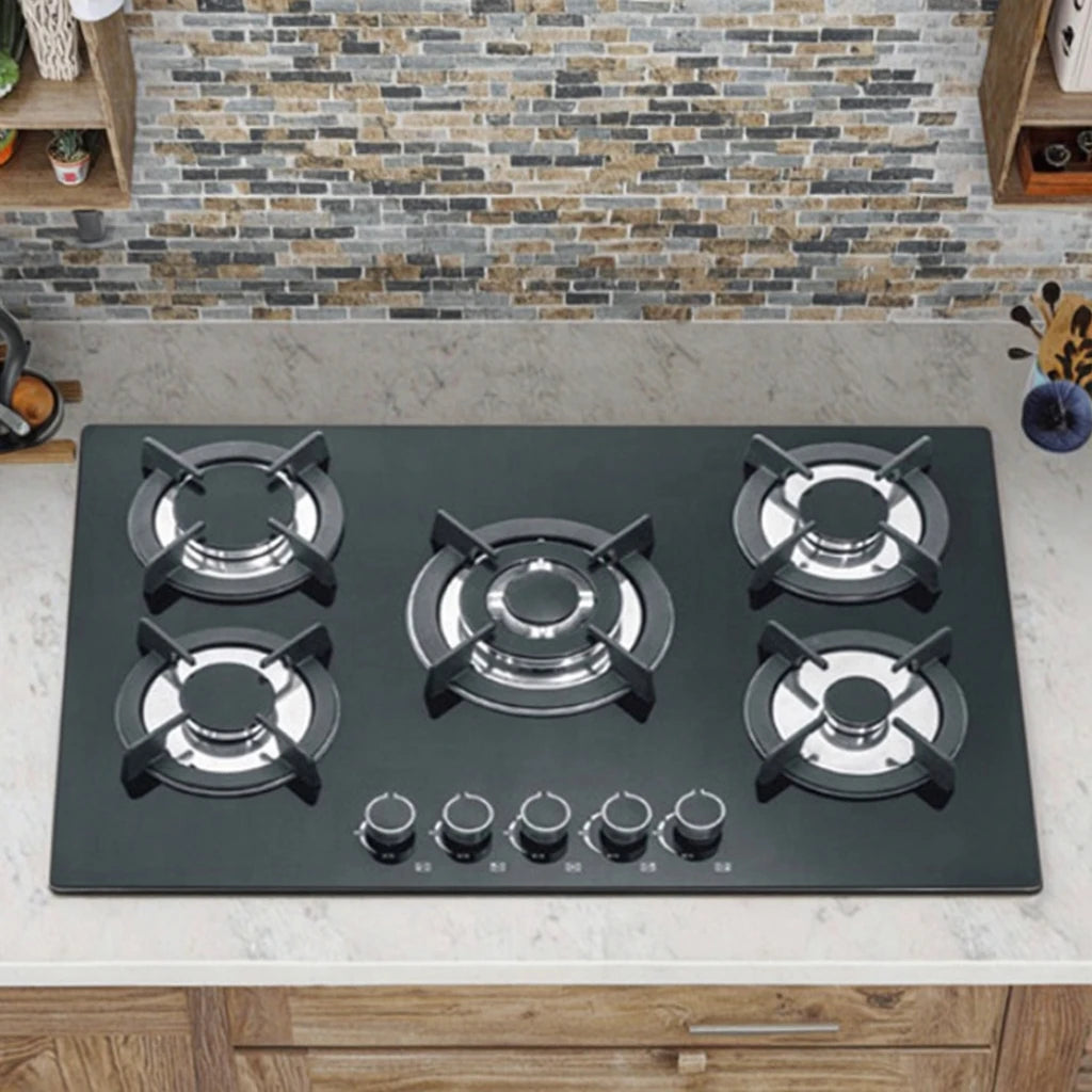 Built-In 5-Burner Multi-Head Gas Stove Tempered Glass Panel LPG/Natural Gas Battery Hotel Home Use Electronic Ignition