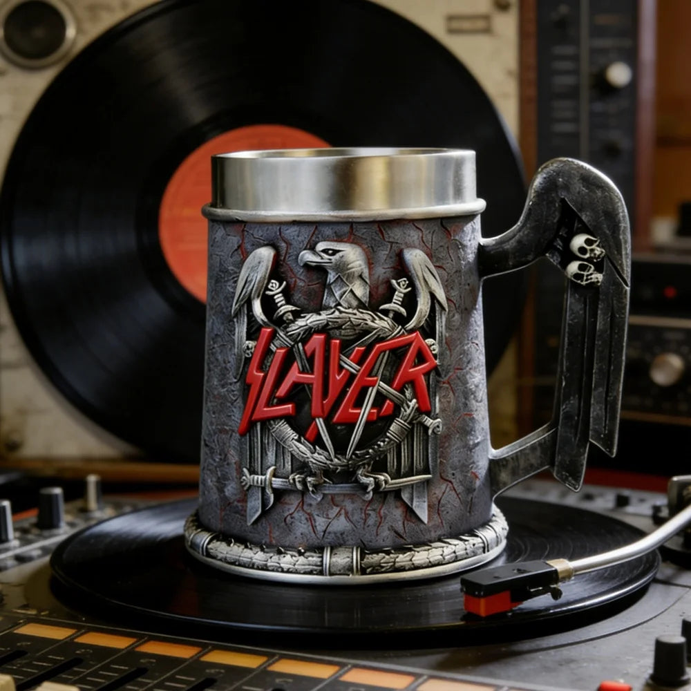 Slayer Tankard Eagle Emblem Mug Resin Outer Stainless Steel Liner Gothic Skull Handle Thrash Metal Band Fan Collectible Gift