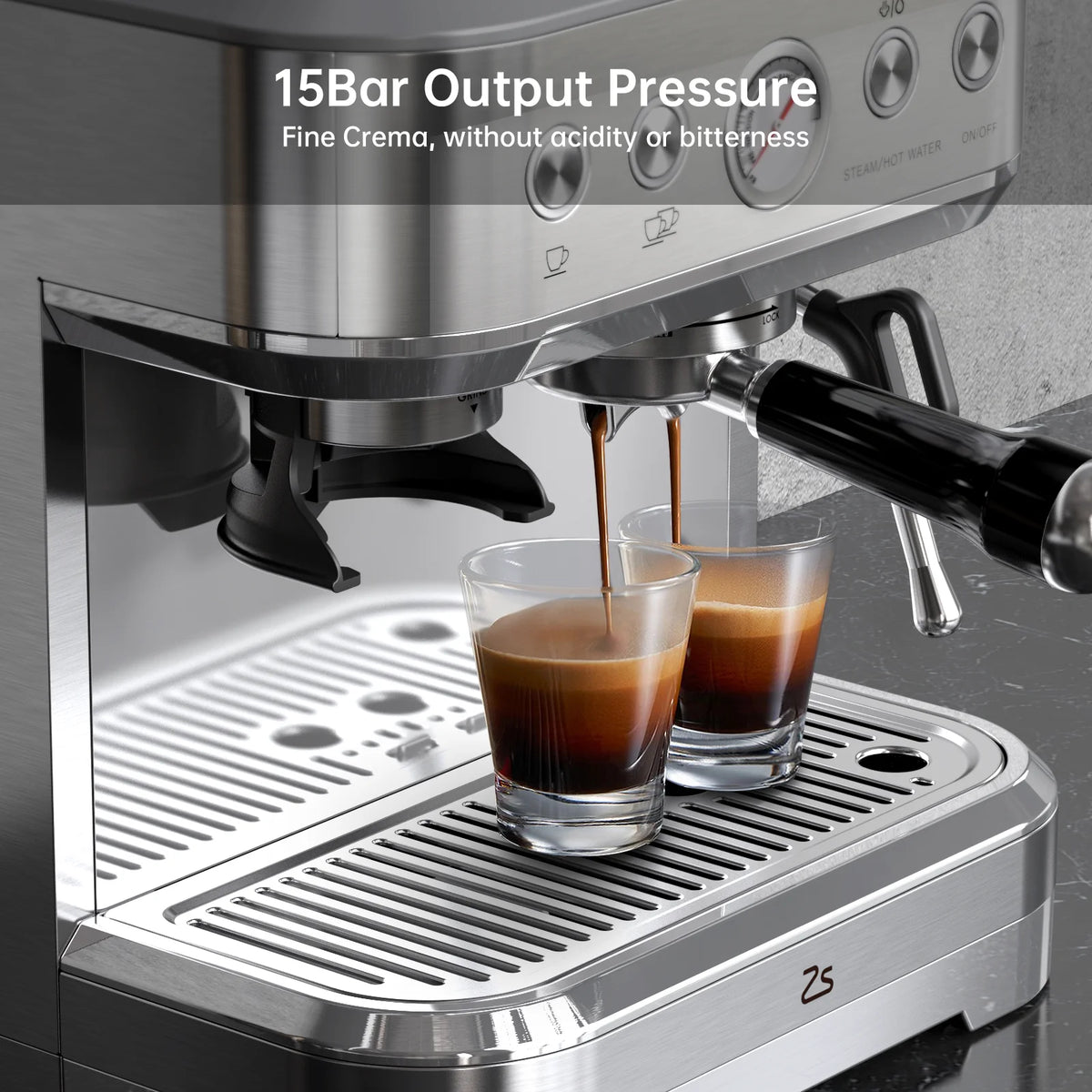 Espresso Machine with Milk Frother and Grinder, 15 Bar Automatic Espresso Coffee Machine All In One Coffee Maker with Italian ULKA Pump, 2.5L Water Tank, Brushed Stainless Steel for Home Office