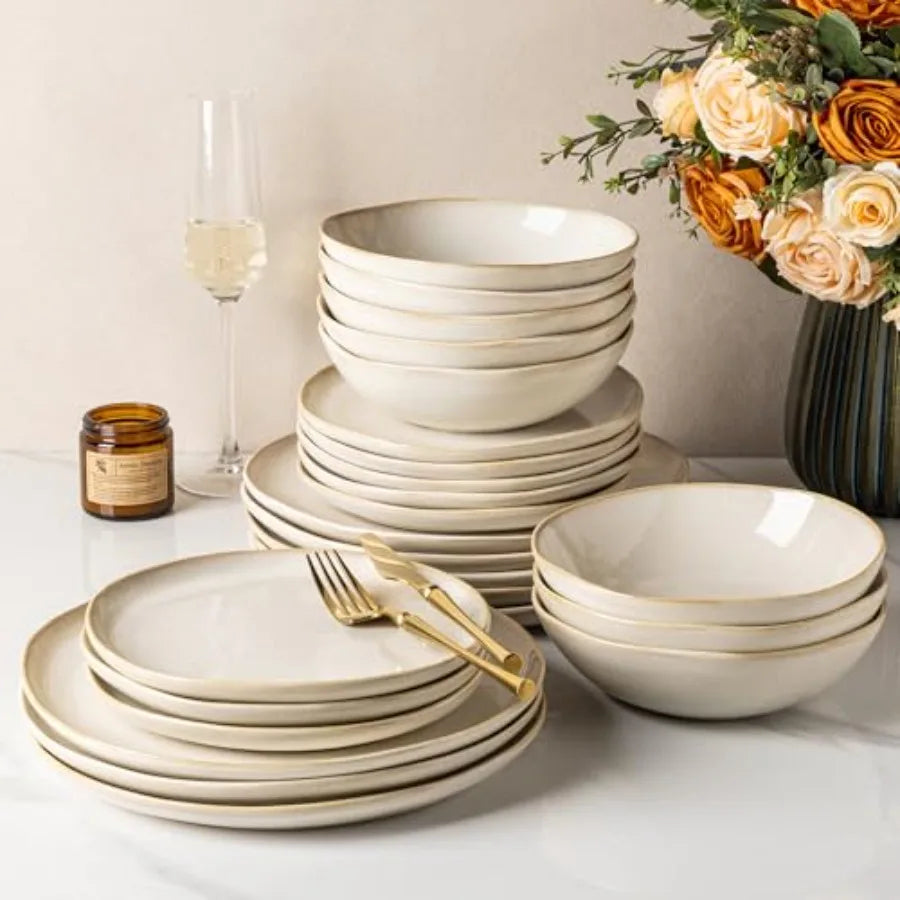 Stoneware Dinnerware Sets for 4 12 Pieces Rustic Ceramic Plates and Bowls Set Handmade Reactive Glaze Plate Sets Highly Chip Re