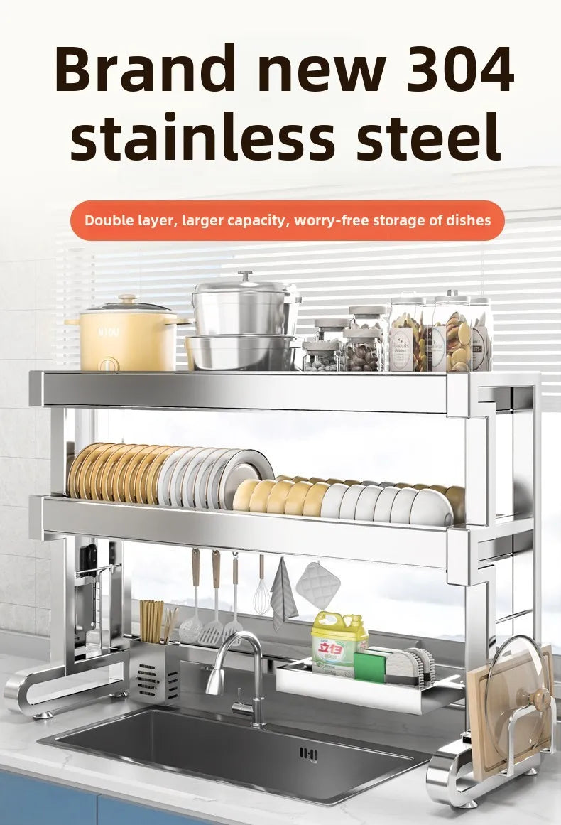 304 Stainless Steel Sink Storage Rack 2 Layers Kitchen Shelf Multifunctional Bowl Dish Drain Basket Space Saving Organize Shelf