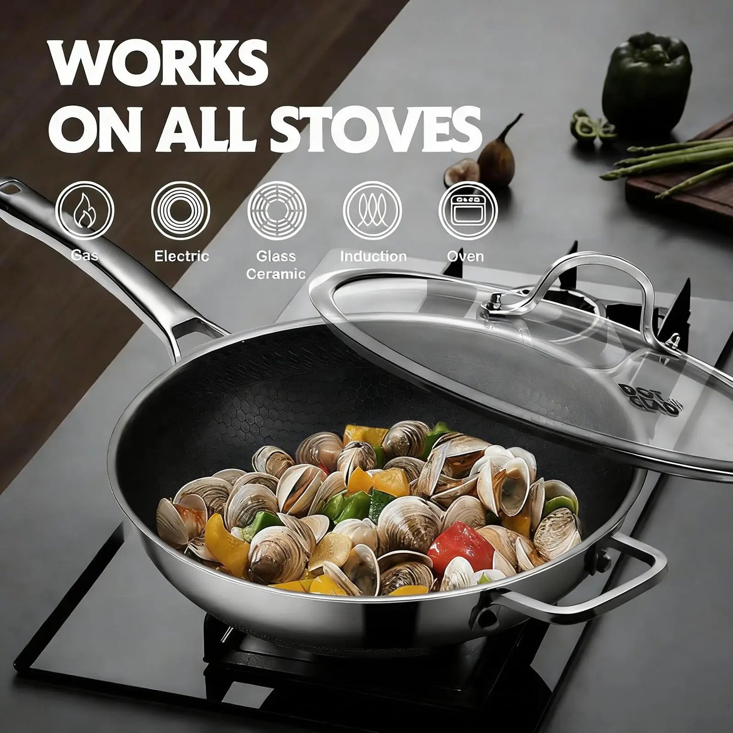 12 Inch Stainless Steel Wok Pan,4L Fry Pans Nonstick with Snowclad Technology,Induction Cooking Pan with Lid Free Cookware