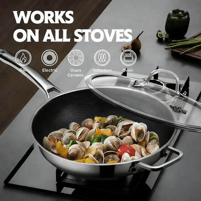 12 Inch Stainless Steel Wok Pan,4L Fry Pans Nonstick with Snowclad Technology,Induction Cooking Pan with Lid Free Cookware