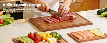 Bamboo Cutting Board Set With Stand, 3PCS Double-Sided Chopping Boards For Kitchen Meal Prep & Serving, Charcuterie, Juice Groov