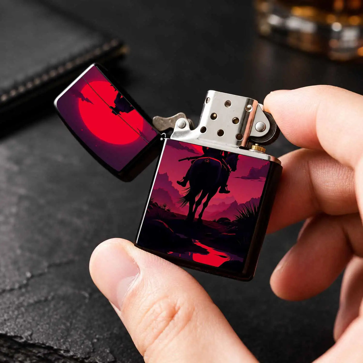 Western Cowboy Rider Horse Silhouette Lighter, Red Sunset Desert Retro Aesthetic Art Pattern Portable Lighter, Ideal For Daily Outdoor Travel Camping, Exquisite Unique Gift For Men And Women, Decorative Practical Access A Hum