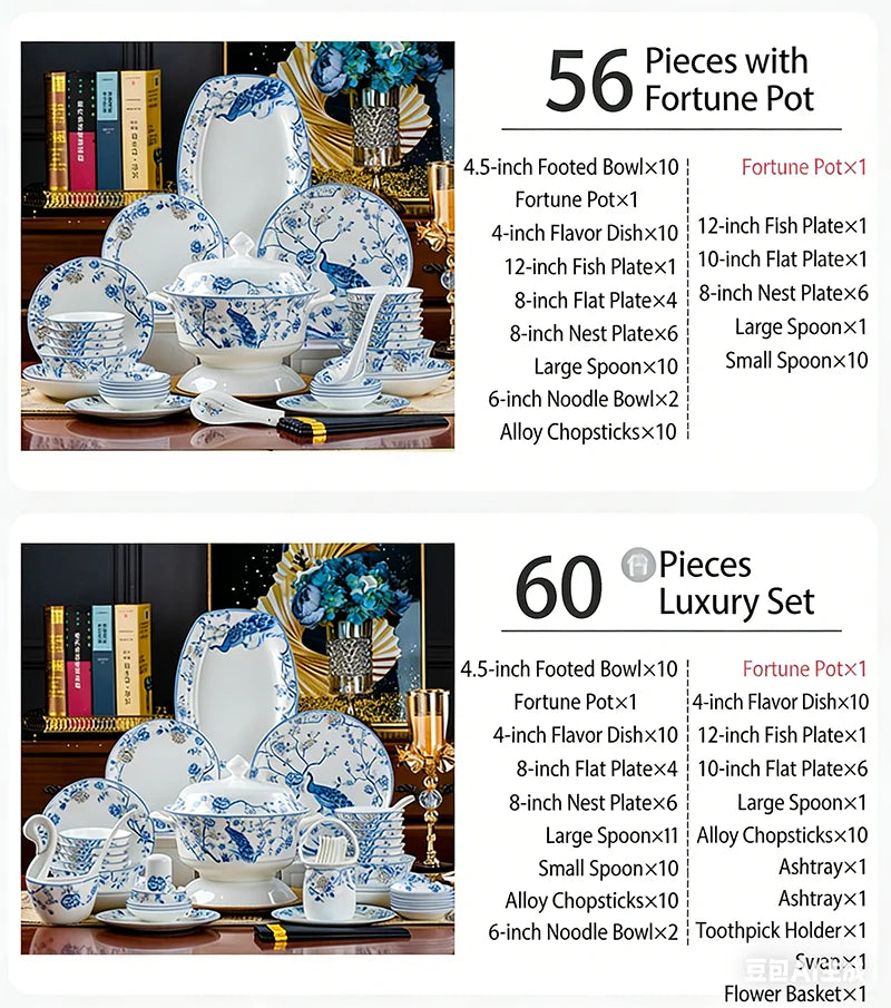 Blue And White Porcelain Tableware Set 18/28/56/30pcs Ceramics Dish Sets Full Set Luxury China Dinnerware Set For 4/6/10 Persons