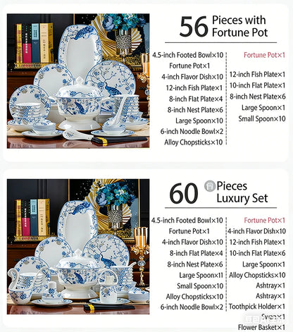 Blue And White Porcelain Tableware Set 18/28/56/30pcs Ceramics Dish Sets Full Set Luxury China Dinnerware Set For 4/6/10 Persons