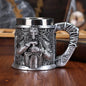 Viking Warrior Dragon Handle Beer Mug, Norse Rune Imitation Wood Resin Tankard with 304 Stainless Steel Liner