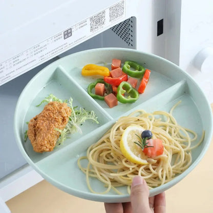 Three-Compartments Divided Plate Eco-Friendly Wheat Straw Reusable Children Dishes Anti-fall Plastic Kitchen Dinnerware Plates