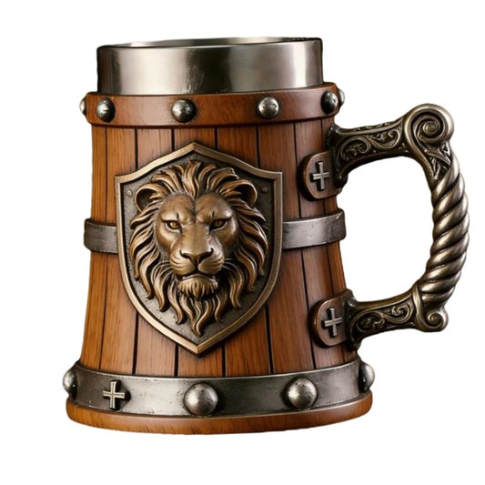 Medieval Lion Head Beer Mug Retro Wooden Look Tankard 304 Stainless Steel Inner Cup Vintage Gothic Stein Cup Gift for Men Father