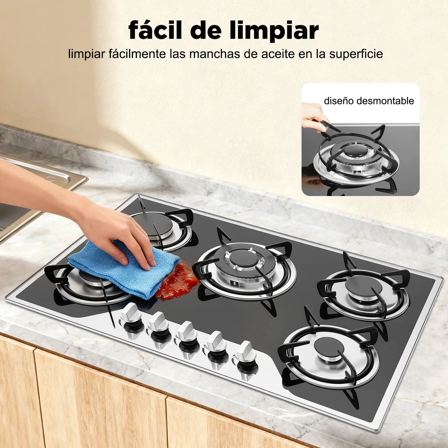 Five Burner Built In Gas Cooktop Dual Gas Compatible High Temperature Resistant Panel Reliable Pulse Ignition Stable Combustion Multiple Firepower Options Practical Knob Operation Sturdy Structure Ideal For Home Kitchen Cooki