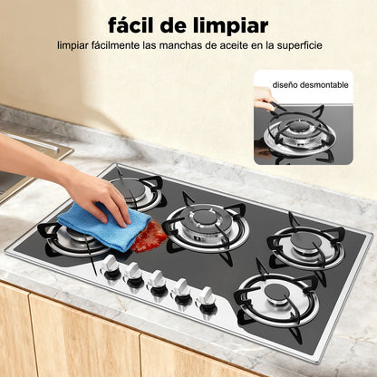 Five Burner Built In Gas Cooktop Dual Gas Compatible High Temperature Resistant Panel Reliable Pulse Ignition Stable Combustion Multiple Firepower Options Practical Knob Operation Sturdy Structure Ideal For Home Kitchen Cooki