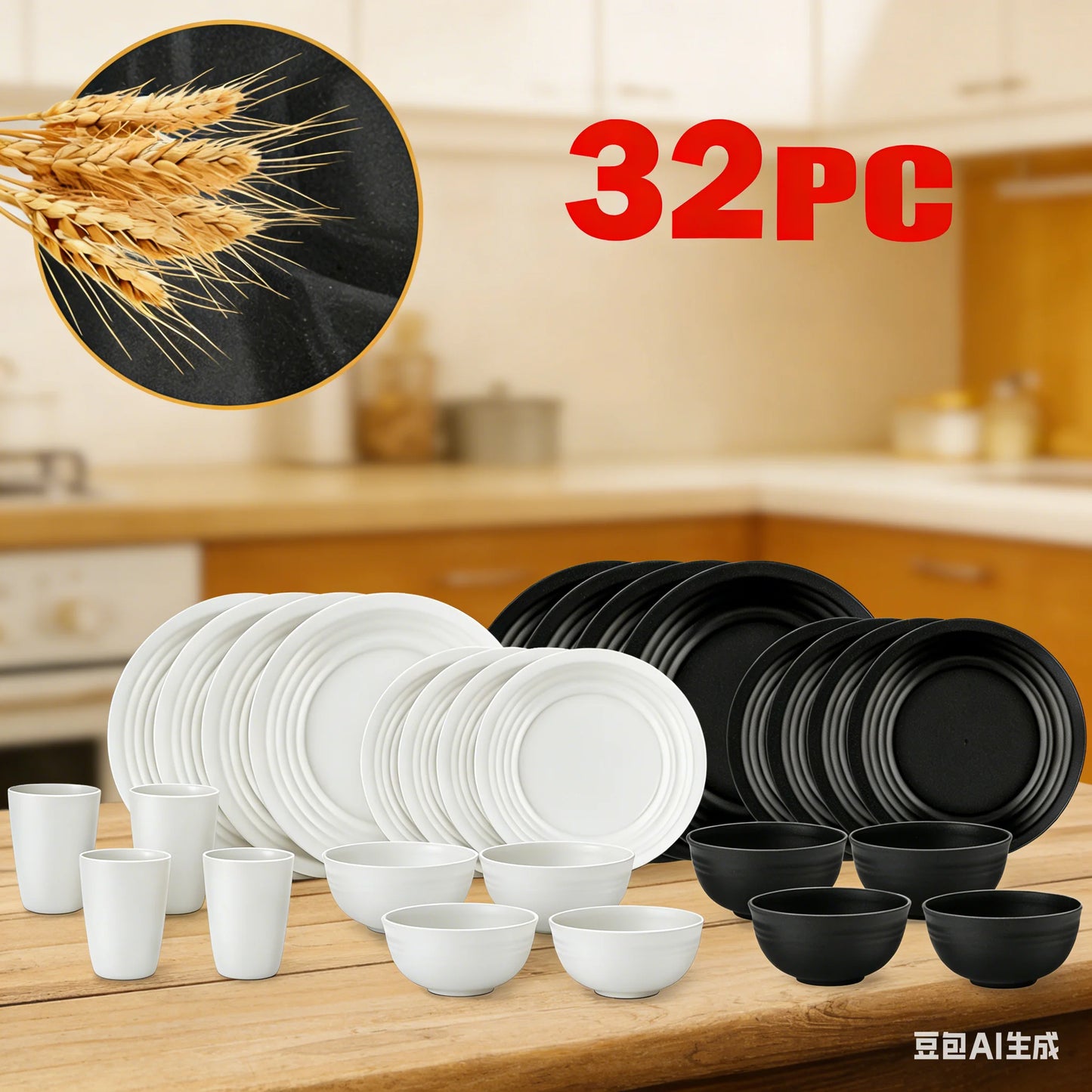 32-Piece Wheat Straw Dinnerware Set | Service for 8 | BPA-Free, Unbreakable, Microwave & Dishwasher Safe | Colorful Plates, Bowl