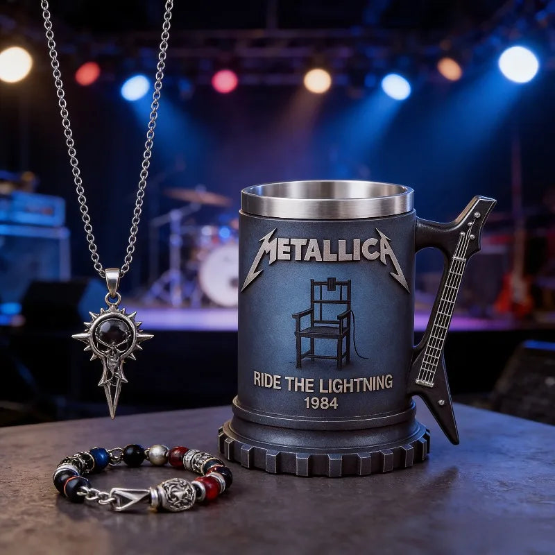 Metallica Ride The Lightning 1984 Collectible Mug, Guitar Handle Stainless Steel Lined Beer Stein, Heavy Metal Rock Fan Gift
