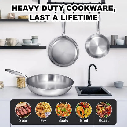 Triple-Layer Stainless Steel Frying Pan Set, 8/10/12, PFOA and PTFE Free, Induction Compatible, Dishwasher and Oven Safe, Durabl