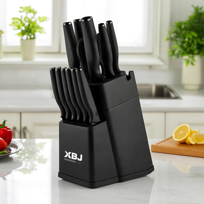 15 Pieces Kitchen Knife Set Stainless Steel Knife Slip Handle with Scissors Sharpener Cutting All-Round