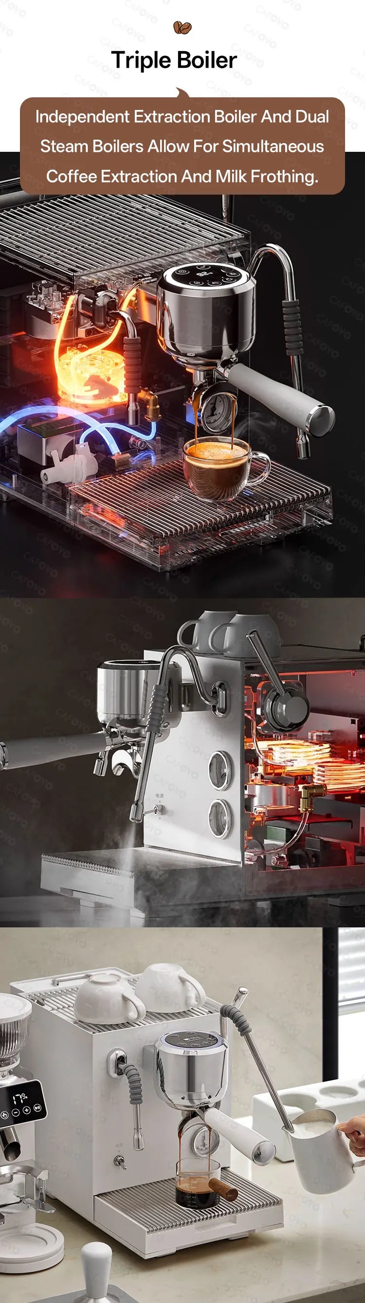 CAFOVO E120 Semi-automatic Espresso Machine ULKA Pump 9Bar OPV System 3 Boiler with OLED Display for Cafe Coffee Maker 220V