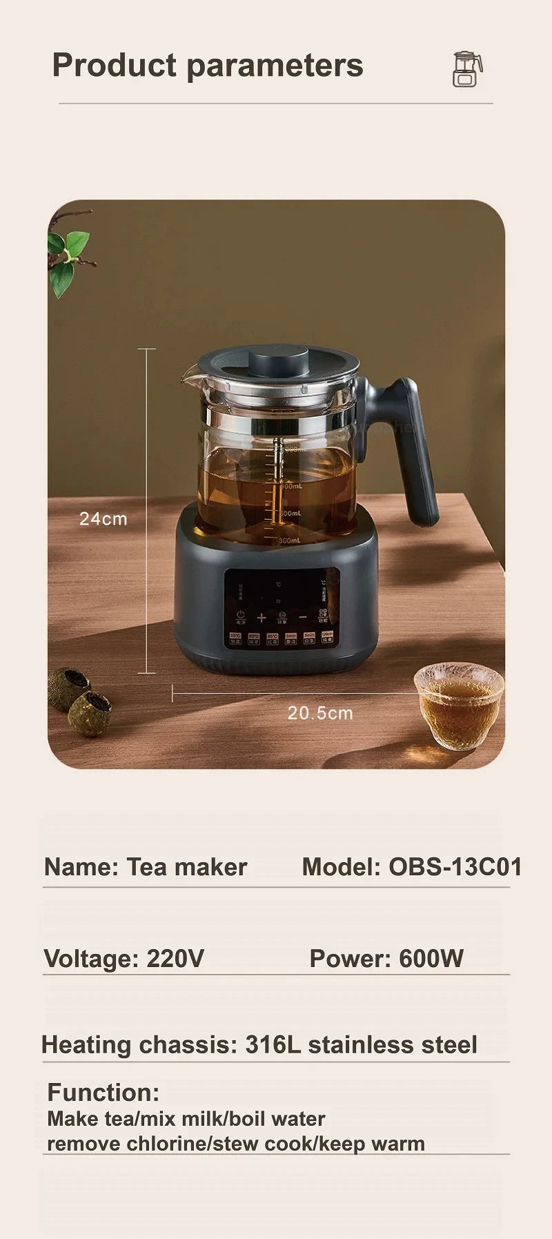 1.3L Electric Kettle With Filter Smart Health Pot Office Temperature Control Glass Flower Teapot Home Tea Maker Auto Thermos