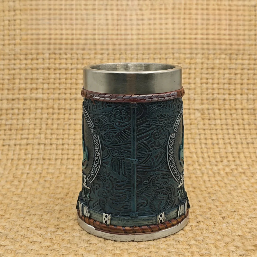Assassins Creed Valhalla Viking Game Tankard Stainless Steel Liner Resin Coffee Mug Norse Warrior Stein Tankard for Gamer Gift