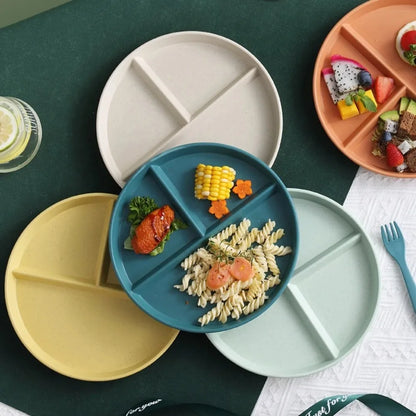 Three-Compartments Divided Plate Eco-Friendly Wheat Straw Reusable Children Dishes Anti-fall Plastic Kitchen Dinnerware Plates