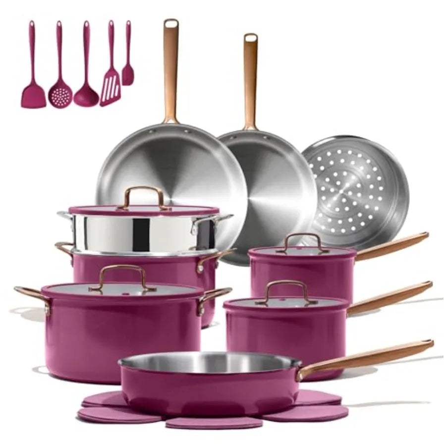 24pcs Tri-Ply Stainless Steel Cookware Set Pots and Pans for Induction Cooking Non-Toxic Outer Ceramic Layer Violet Purple