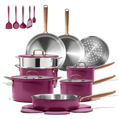 24pcs Tri-Ply Stainless Steel Cookware Set Pots and Pans for Induction Cooking Non-Toxic Outer Ceramic Layer Violet Purple