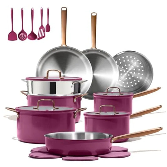24pcs Tri-Ply Stainless Steel Cookware Set Pots and Pans for Induction Cooking Non-Toxic Outer Ceramic Layer Violet Purple