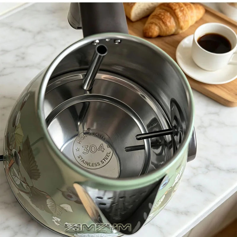 1.7L Light Luxury Decal Electric Kettle Green Vintage Floral Bird Kettle Mechanical Thermometer Boil Dry Protection
